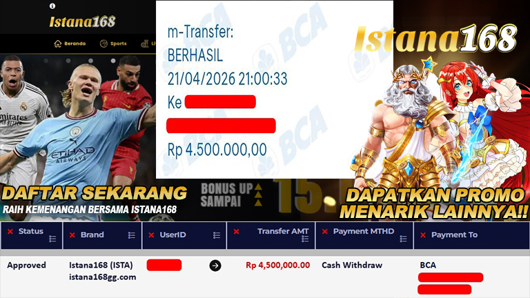 Mohon untuk selalu menghubungi Istana168 melalui kontak resmi berikut: - Whatsapp : +6281240006168 - Telegram : istana168 - LINE : istana168 - Facebook : istana168terpercaya