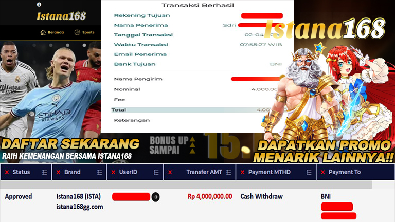 BUKTI KEMENANGAN WD MEMBER ISTANA168 IDR 4.000.000
