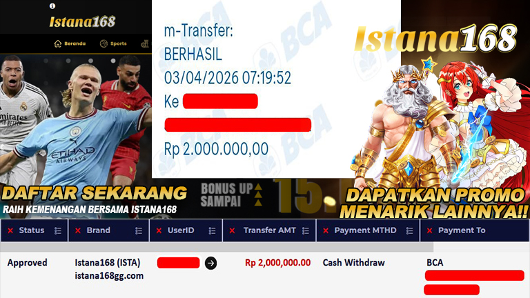 BUKTI KEMENANGAN WD MEMBER ISTANA168 IDR 2.000.000