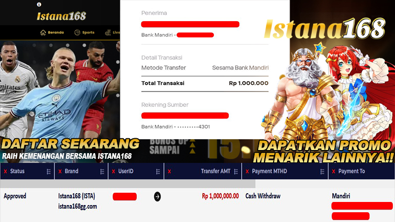 BUKTI KEMENANGAN WD MEMBER ISTANA168 IDR 1.000.000