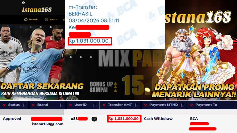 BUKTI KEMENANGAN WD MEMBER ISTANA168 IDR 1.031.000