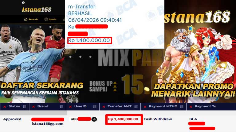 BUKTI KEMENANGAN WD MEMBER ISTANA168 IDR 1.400.000