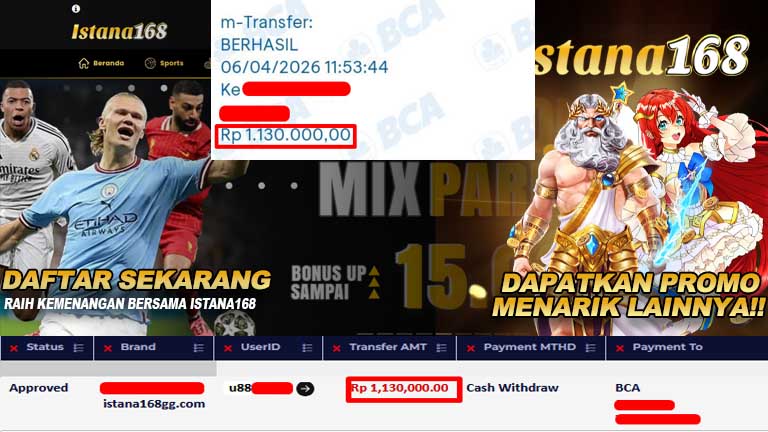 BUKTI KEMENANGAN WD MEMBER ISTANA168 IDR 1,130,000