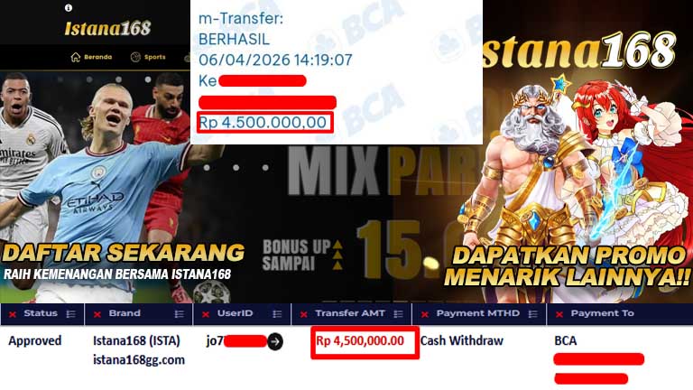 BUKTI KEMENANGAN WD MEMBER ISTANA168 IDR 4.500.000