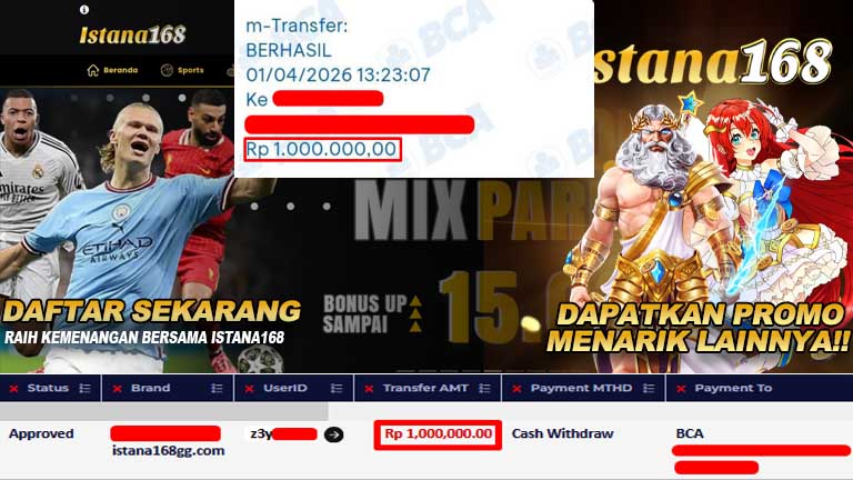 BUKTI KEMENANGAN WD MEMBER ISTANA168 IDR 1.000.000