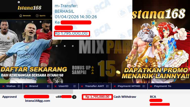 BUKTI KEMENANGAN WD MEMBER ISTANA168 IDR 1,795,000