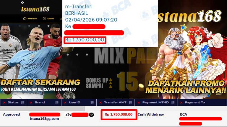 BUKTI KEMENANGAN WD MEMBER ISTANA168 IDR 1.750.000