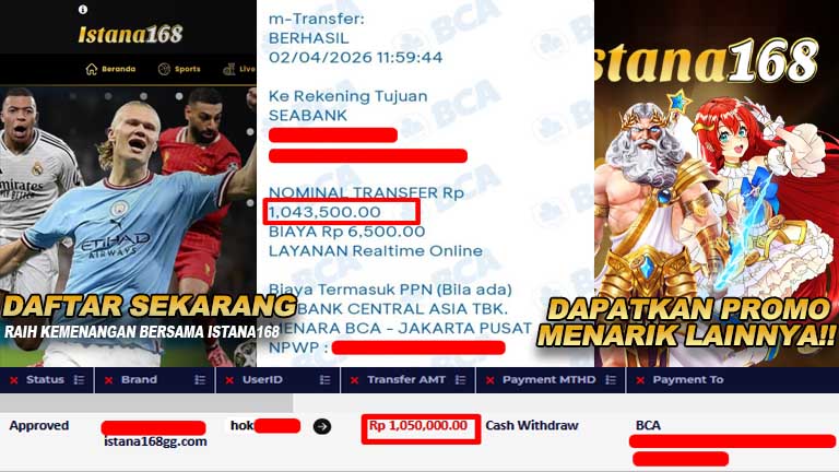 BUKTI KEMENANGAN WD MEMBER ISTANA168 IDR 1,050,000