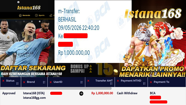 BUKTI KEMENANGAN WD MEMBER ISTANA168 IDR 1.000.000