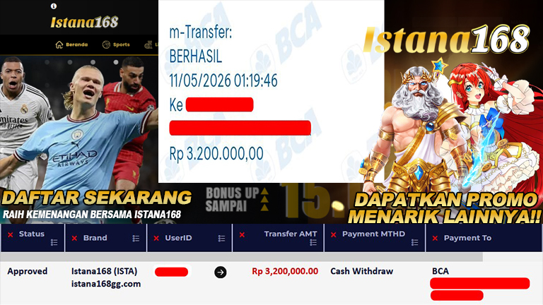 BUKTI KEMENANGAN WD MEMBER ISTANA168 IDR 3.200.000