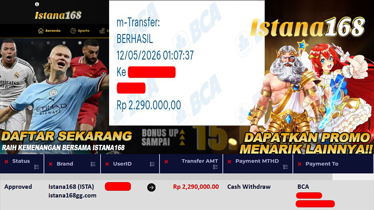 BUKTI KEMENANGAN WD MEMBER ISTANA168 IDR 2.290.000