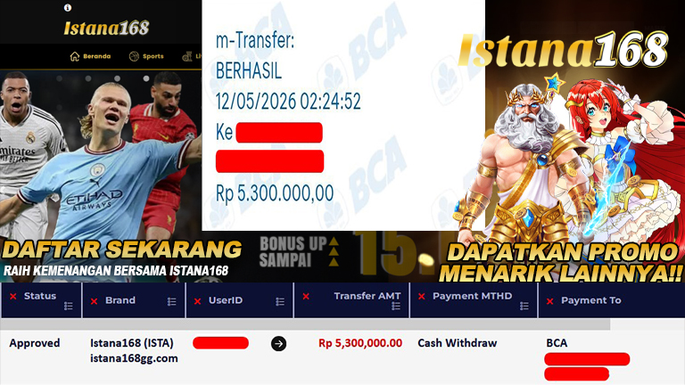 BUKTI KEMENANGAN WD MEMBER ISTANA168 IDR 5.300.000