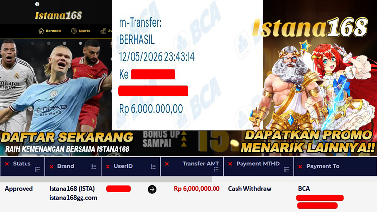 BUKTI KEMENANGAN WD MEMBER ISTANA168 IDR 6.000.000