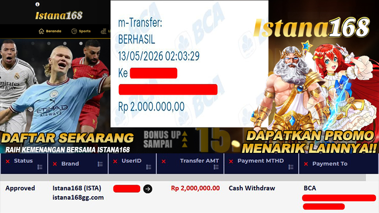 BUKTI KEMENANGAN WD MEMBER ISTANA168 IDR 2.000.000