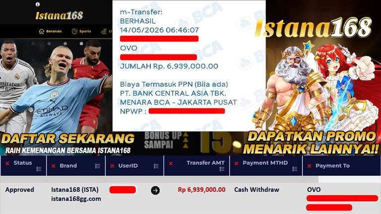 BUKTI KEMENANGAN WD MEMBER ISTANA168 IDR 6.939.000