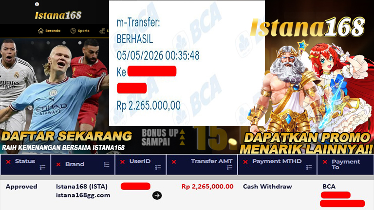 BUKTI KEMENANGAN WD MEMBER ISTANA168 IDR 2.265.000