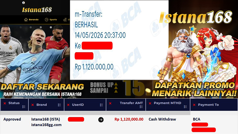 BUKTI KEMENANGAN WD MEMBER ISTANA168 IDR 1.120.000