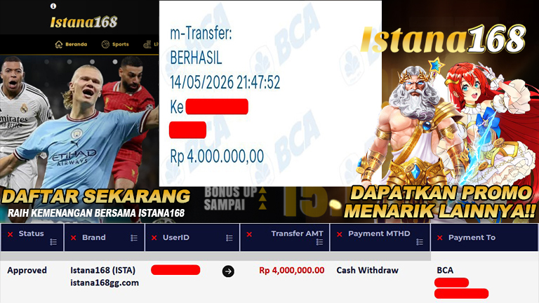 BUKTI KEMENANGAN WD MEMBER ISTANA168 IDR 4.000.000