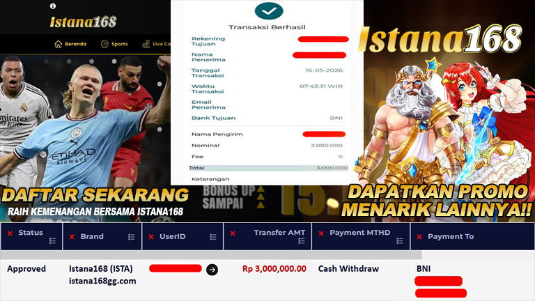 BUKTI KEMENANGAN WD MEMBER ISTANA168 IDR 3.000.000