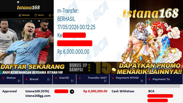 BUKTI KEMENANGAN WD MEMBER ISTANA168 IDR 6.000.000