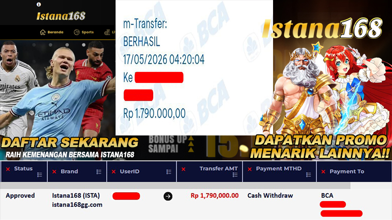 BUKTI KEMENANGAN WD MEMBER ISTANA168 IDR 1.790.000