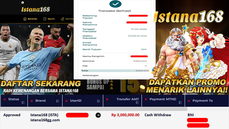 BUKTI KEMENANGAN WD MEMBER ISTANA168 IDR 3.000.000