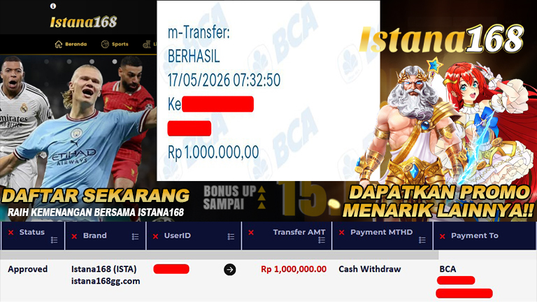BUKTI KEMENANGAN WD MEMBER ISTANA168 IDR 1.000.000