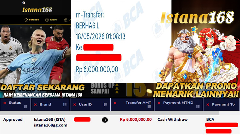 BUKTI KEMENANGAN WD MEMBER ISTANA168 IDR 6.000.000