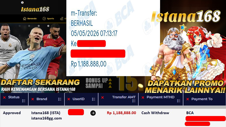 BUKTI KEMENANGAN WD MEMBER ISTANA168 IDR 1.188.888