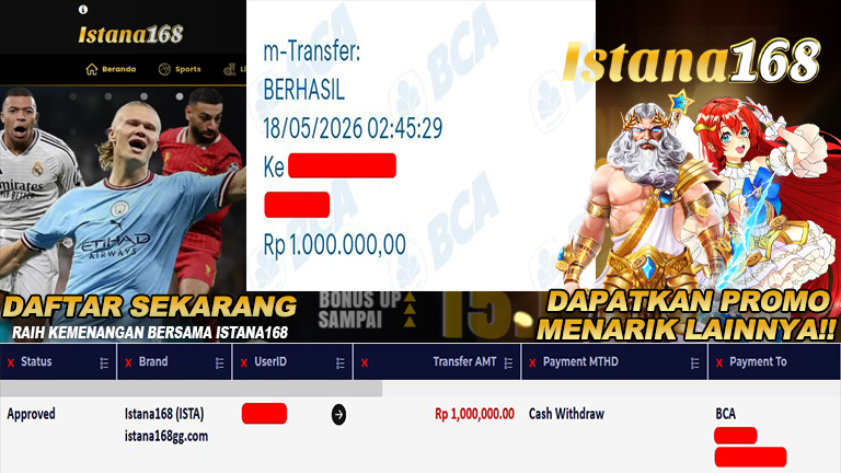 BUKTI KEMENANGAN WD MEMBER ISTANA168 IDR 1.000.000