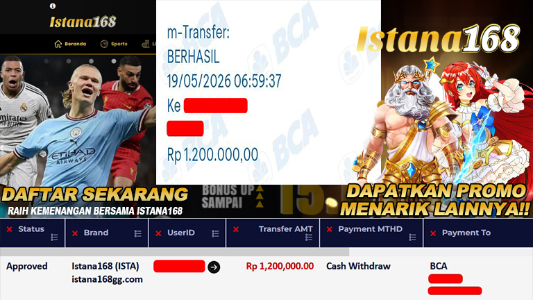 BUKTI KEMENANGAN WD MEMBER ISTANA168 IDR 1.200.000
