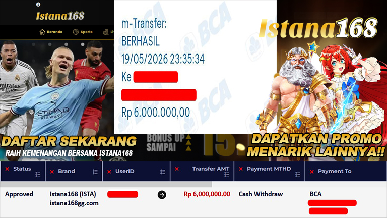 BUKTI KEMENANGAN WD MEMBER ISTANA168 IDR 6.000.000