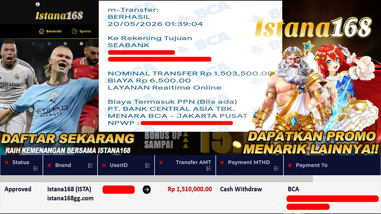 BUKTI KEMENANGAN WD MEMBER ISTANA168 IDR 1.510.000
