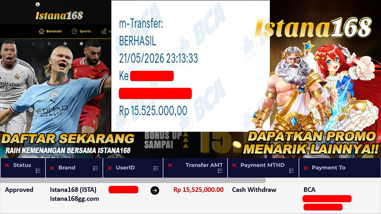 BUKTI KEMENANGAN WD MEMBER ISTANA168 IDR 15.525.000