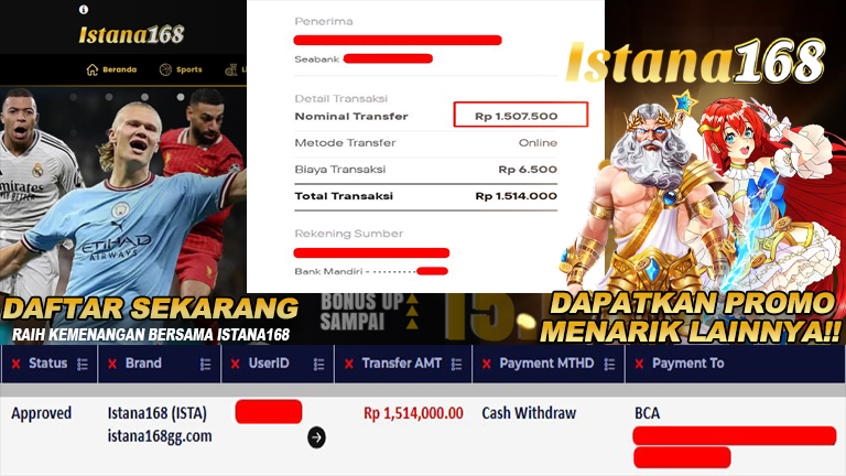 BUKTI KEMENANGAN WD MEMBER ISTANA168 IDR 1.514.000