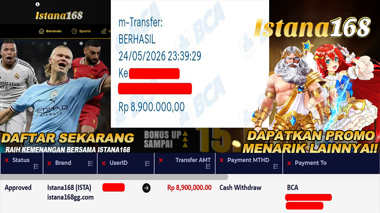 BUKTI KEMENANGAN WD MEMBER ISTANA168 IDR 8.900.000