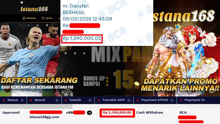 BUKTI KEMENANGAN WD MEMBER ISTANA168 IDR 1.340.000