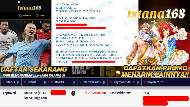 BUKTI KEMENANGAN WD MEMBER ISTANA168 IDR 2.550.000
