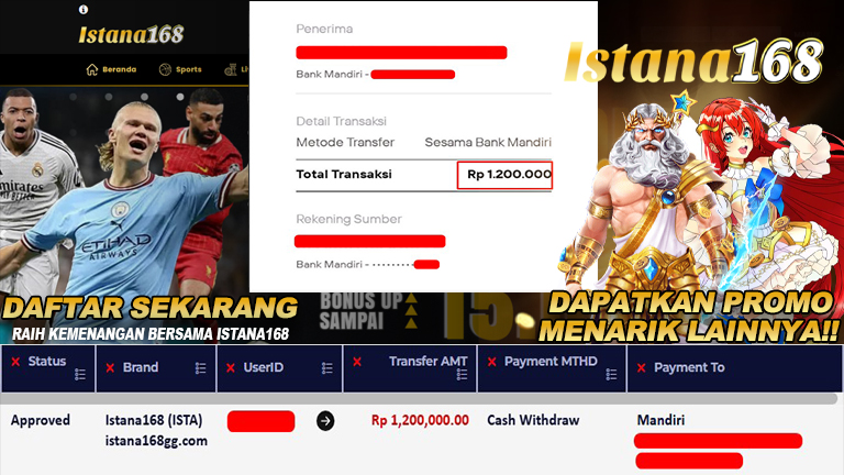 BUKTI KEMENANGAN WD MEMBER ISTANA168 IDR 1.200.000