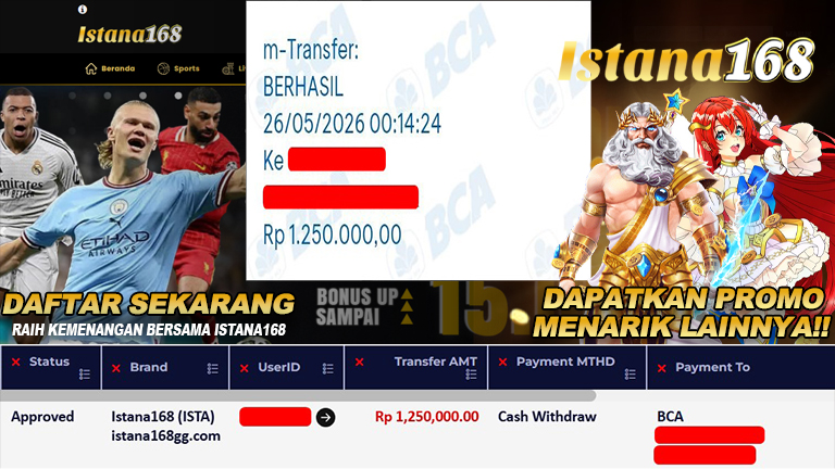 BUKTI KEMENANGAN WD MEMBER ISTANA168 IDR 1.250.000