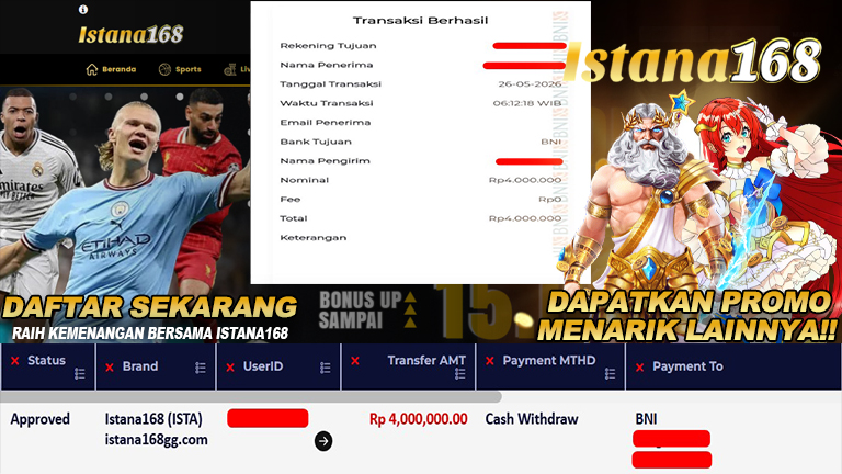 BUKTI KEMENANGAN WD MEMBER ISTANA168 IDR 4.000.000