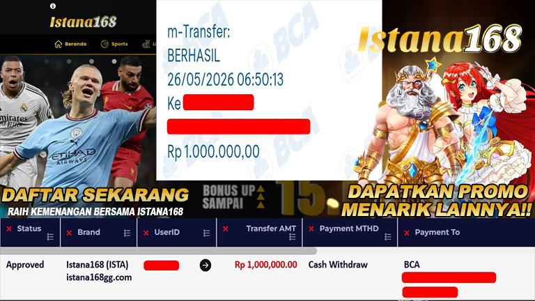 BUKTI KEMENANGAN WD MEMBER ISTANA168 IDR 1.000.000