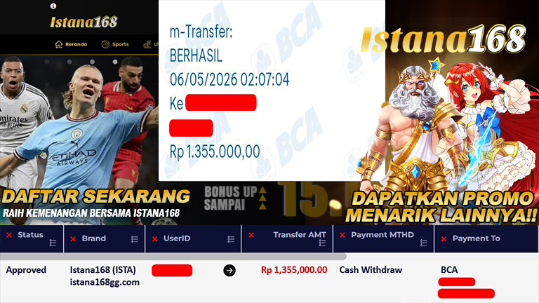 BUKTI KEMENANGAN WD MEMBER ISTANA168 IDR 1.355.000