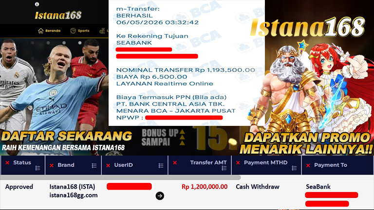 BUKTI KEMENANGAN WD MEMBER ISTANA168 IDR 1.200.000
