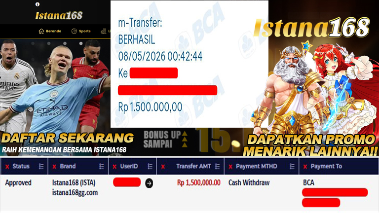BUKTI KEMENANGAN WD MEMBER ISTANA168 IDR 1.500.000