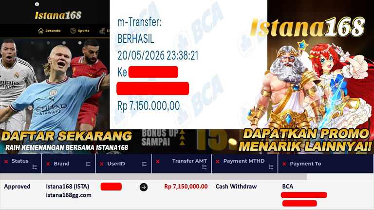 BUKTI KEMENANGAN WD MEMBER ISTANA168 IDR 7.150.000