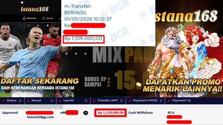 BUKTI KEMENANGAN WD MEMBER ISTANA168 IDR 1,139,000
