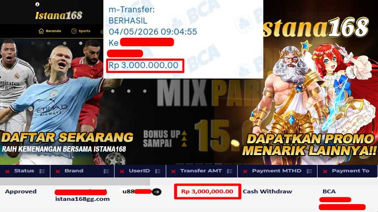 BUKTI KEMENANGAN WD MEMBER ISTANA168 IDR 3.000.000