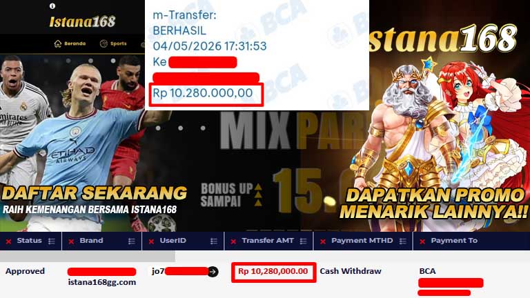 BUKTI KEMENANGAN WD MEMBER ISTANA168 IDR 10.280.000