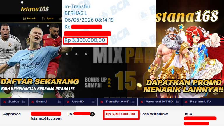 BUKTI KEMENANGAN WD MEMBER ISTANA168 IDR 3.300.000